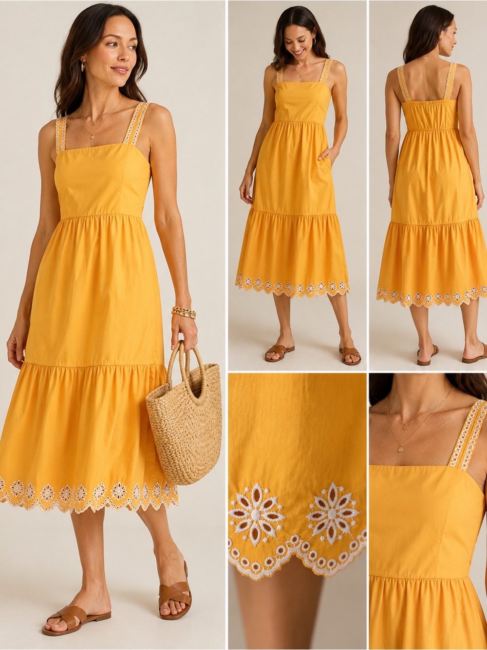 J.Crew Mustard Eyelet Midi Sundress Size 8 Cotton Fit & Flare Summer Dress EUC